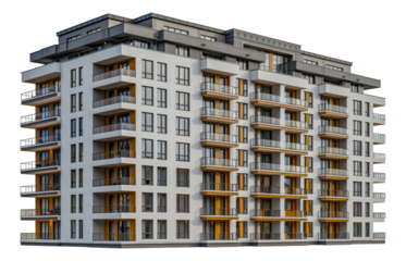 Modern apartment building with balconies, cut out - stock png.