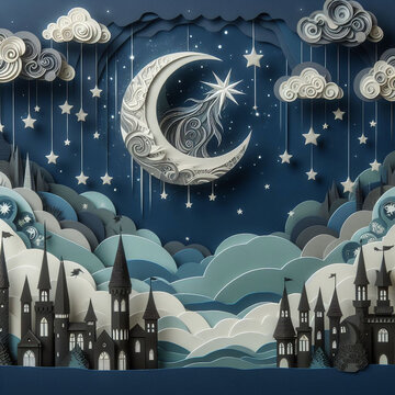 the night sky with a Background of Clouds and Stars in Cut and Paste Paper Style