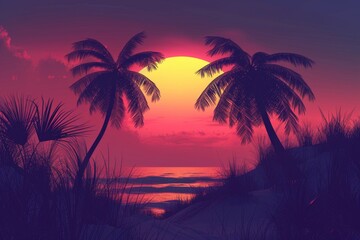A sunset over the ocean with palm trees in the foreground