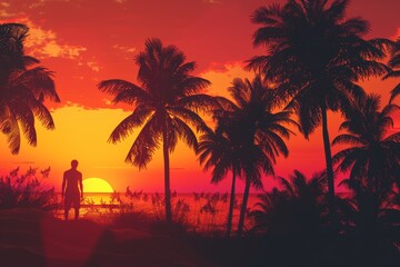 A sunset over the ocean with palm trees in the foreground