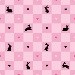 Seamless pattern with rabbit. Heart gingham check plaid pattern. Cute bunny background. Pink vector texture for print, textile, fabric.