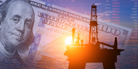 Oil rig and dollar banknote against sunset background. 3d illustration