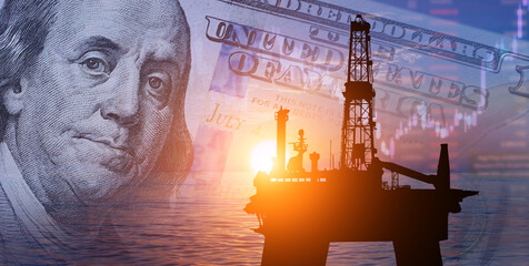 Oil rig and dollar banknote against sunset background. 3d illustration