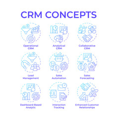 CRM system types blue gradient concept icons. Customer management, sales automation. Business intelligence. Icon pack. Vector images. Round shape illustrations for infographic. Abstract idea