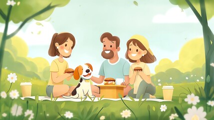 Happy family with kids and dog playing at a park filled with sunshine day. Generative ai illustration.