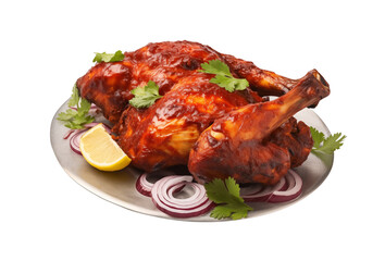Roasted whole chicken on a plate garnished with fresh herbs, lemon wedges, and red onion slices, isolated on transparent background. Generative AI