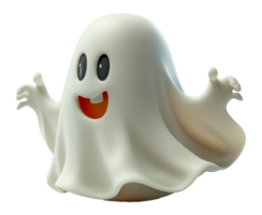 Smiling cartoon ghost with open arms, cut out - stock png.