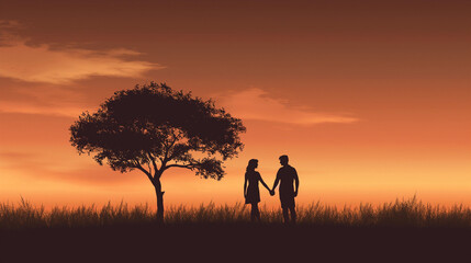  Silhouettes of a couple holding hands under a tree