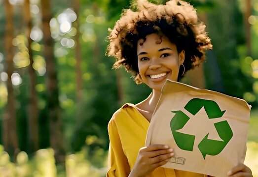 Young smiling black African American woman holding a placard with a green recycling sign. Recycle concept, space for text