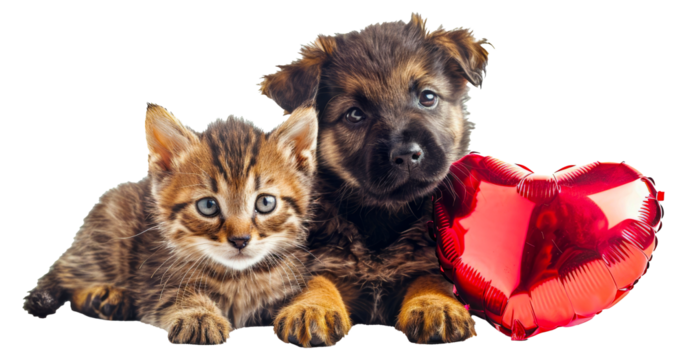 Puppy and kitten with red heart balloon, cut out - stock png.