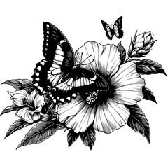 art logo design template beautiful hibicus flowers and butterflies