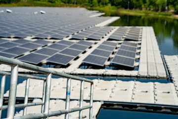 floating solar cell power plant with solar cell generate the electric on the lake, Floating solar panels and cell platform on the water ecological energy, Alternative renewable energy.