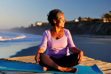 Fototapeta premium Mature woman smiling during exercise while sitting on mat on seashore
