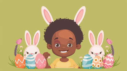 Little African-American boy with Easter eggs and bunny