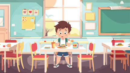 Little boy eating lunch in classroom Vector illustration