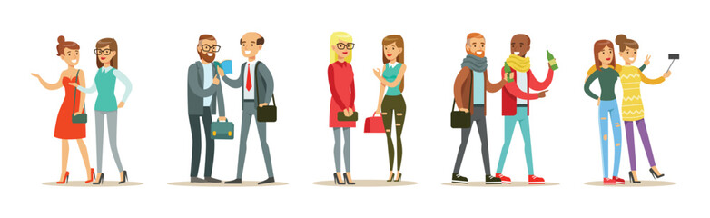 Young Man and Woman Friends Spend Time Together Vector Set