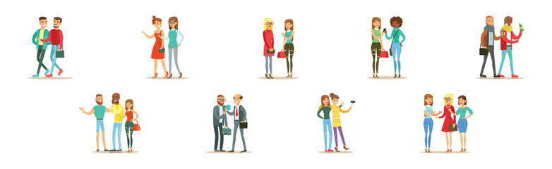 Young Man and Woman Friends Spend Time Together Vector Set