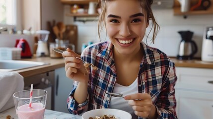 Smiling Teenager Enjoying Morning Breakfast in Casual Kitchen Setting