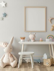 Frame mockup, simple and modern children's room home interior design background, wall poster frame mockup, 3d render