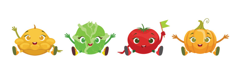 Funny Vegetable Sit with Smiling Face Vector Set