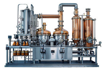 Industrial distillation system with steel tanks, cut out - stock png.