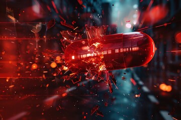 A red, capsule-shaped bomb plunges towards the viewer in a scene bathed in cinematic light, erupting into a massive explosion that splinters the screen. - obrazy, fototapety, plakaty