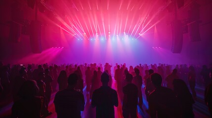 Virtual concert experience, vibrant stage lights, audience perspective, immersive event