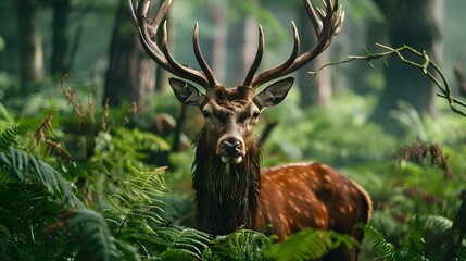 A majestic red deer with impressive antlers stands in the lush greenery of an English woodland, surrounded by dense ferns and ancient trees. The deer's face is the focus. - Powered by Adobe