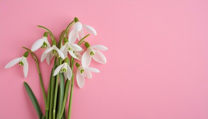Serene Spring: Snowdrops Bouquet on Minimalist Pink
