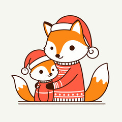 A cute cartoon fox and its baby wearing Santa hats and Christmas sweaters.