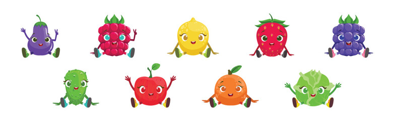 Funny Fruit and Vegetable Sit with Smiling Face Vector Set