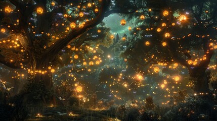 Lanterns made of glowing fireflies illuminate the treetops casting a warm glow upon the kingdom and its inhabitants fairies unicorns . .