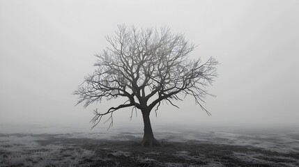 Lone Tree in Misty Landscape - Moody Black and White Gothic Scene