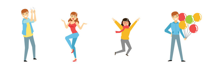 Cheerful Man and Woman Character Celebrate Something Vector Set