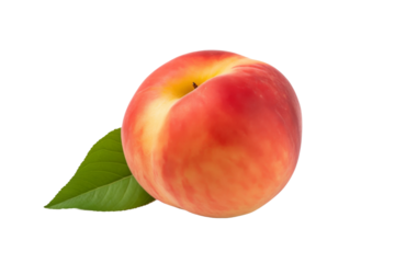 The Regal Peach: A Vibrant Leaf Adorns the Juicy Fruit. On a White or Clear Surface PNG Transparent Background.