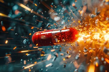 red, pill-shaped bomb descends under cinematic lighting, detonating in a dazzling explosion that shatters the screen with cracks.