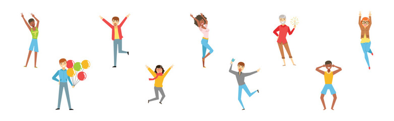 Cheerful Man and Woman Character Celebrate Something Vector Set