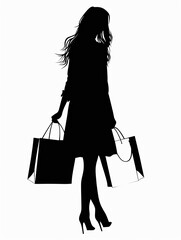 Silhouette woman shopping, white background clipart.