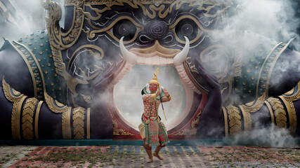 Ramayana story. Hanuman Rama and Ravana character. Khon is a dance drama genre from Thailand.