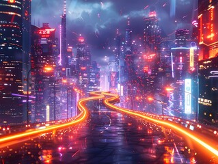 Neon Lit Cityscape Ablaze in Futuristic Splendor A Dazzling Display of Illumination and Technological Wonder