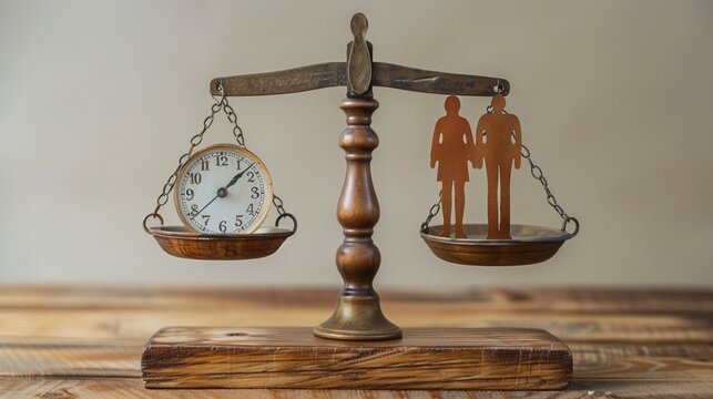 a traditional scale where one side holds a clock representing work and the other side a family photo representing life, symbolizing the need to maintain balance between these two aspects