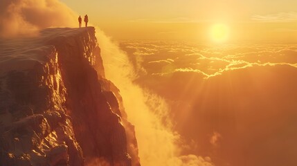 A Couple s Triumphant Journey Scaling a Majestic Mountain at Breathtaking Sunset - obrazy, fototapety, plakaty