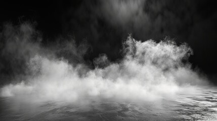 Fototapeta premium Smoke black ground fog cloud floor mist background steam dust dark white horror overlay. Ground smoke haze night black water atmosphere 3d magic spooky smog texture isolated transparent effect circle