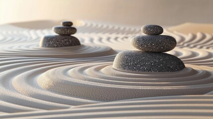 A 3D zen garden with raked sand and a simple rock arrangement, meditative