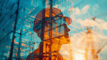 Double Exposure of a Construction Worker and Steel Framework Combine an image of a construction worker with the steel bones of a building