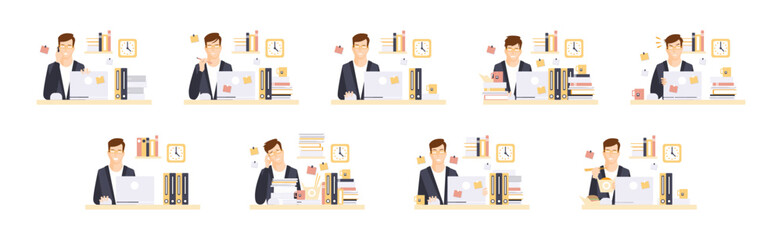 Business Man Character Sitting at Laptop at Desk Working Vector Set