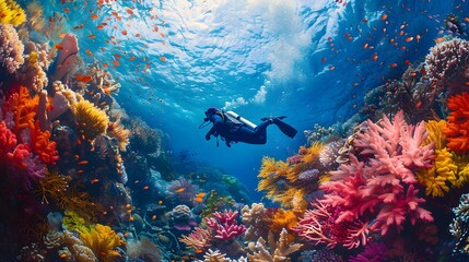 Vibrant Underwater Coral Reef by Scuba Diver