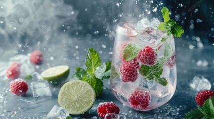 Berry lemonade, sparkling water with Fruits and Ice. Refreshing Summer Cocktail with floating fruits