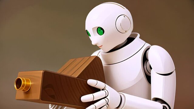 4K animation of sleek, modern white robot, green eyes, skillfully using wooden camera obscura