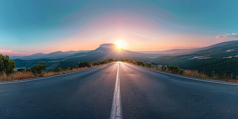 A sunrise view of a mountain landscape and a paved road.